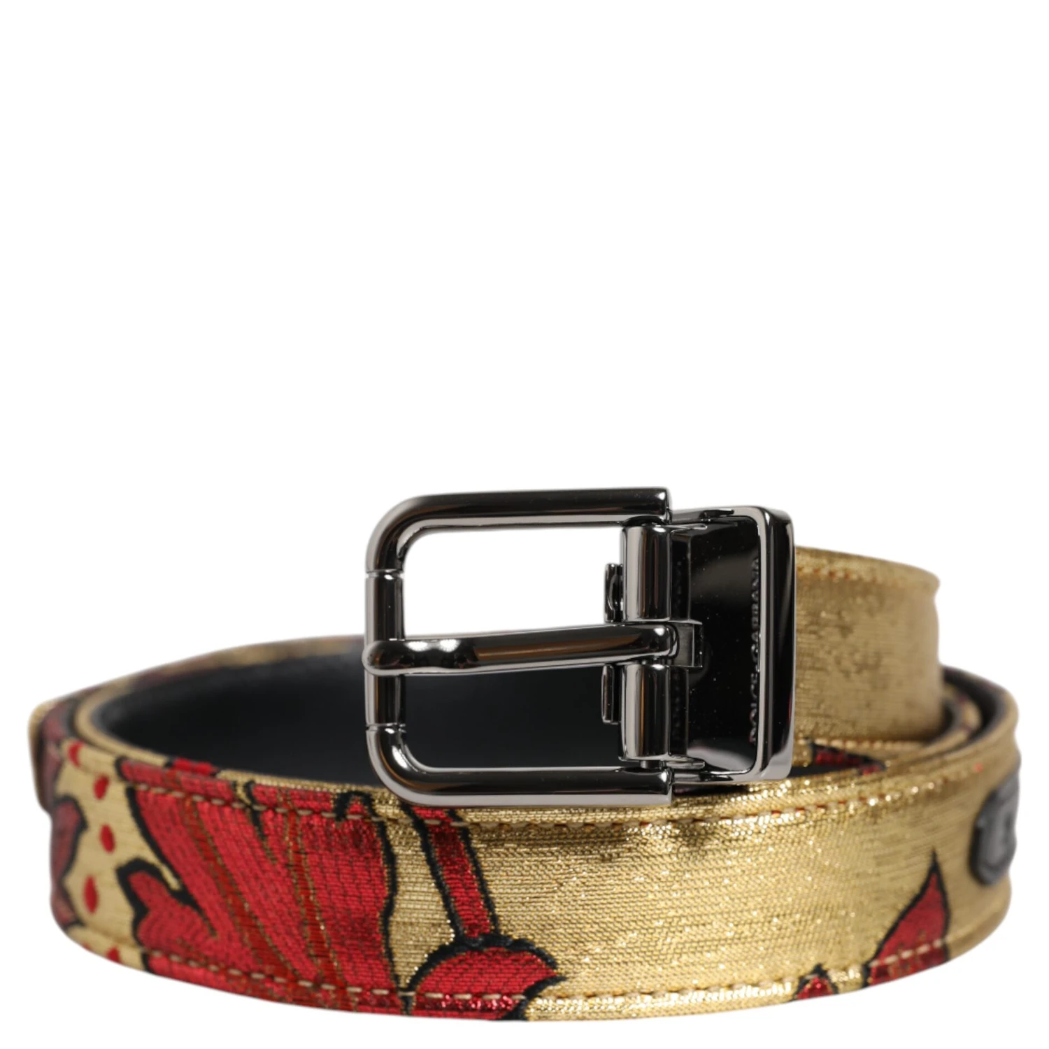 Gold Floral Jacquard Silver Metal Buckle Belt