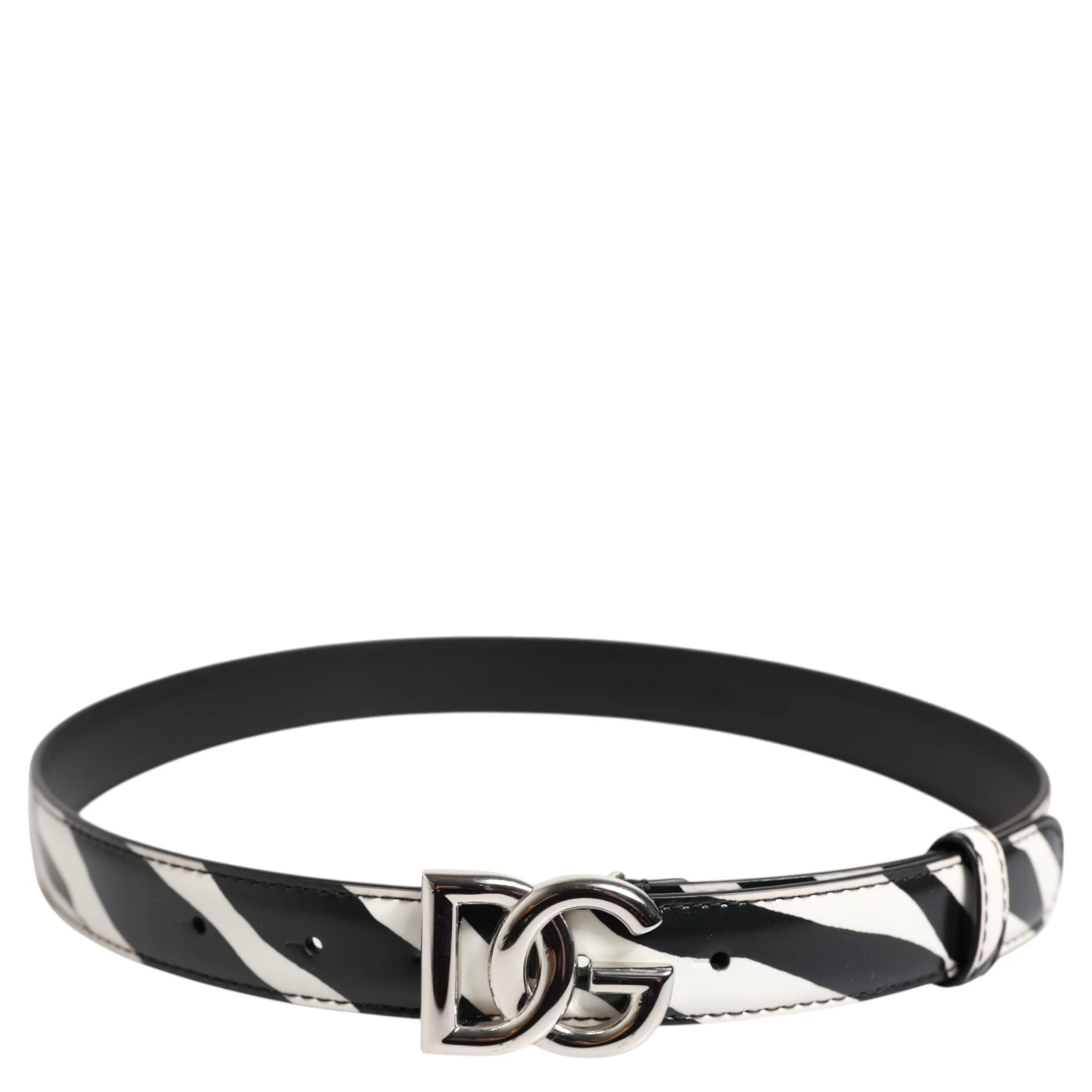 Black White Leather Silver Metal Buckle Belt