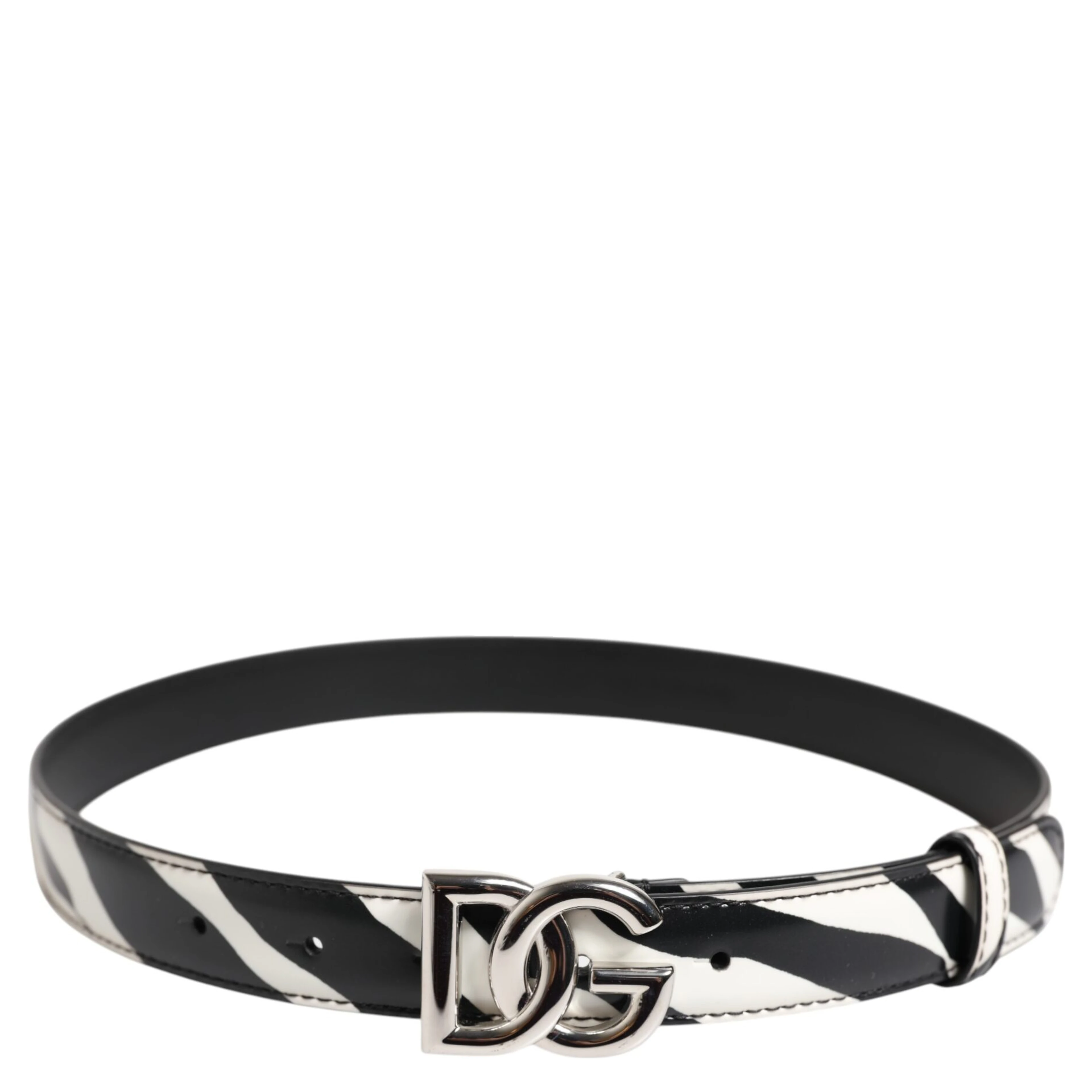Black White Leather Silver Metal Buckle Belt