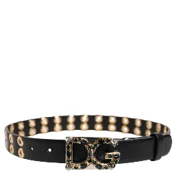 Black Leather Eyelet Crystal DG Buckle Belt