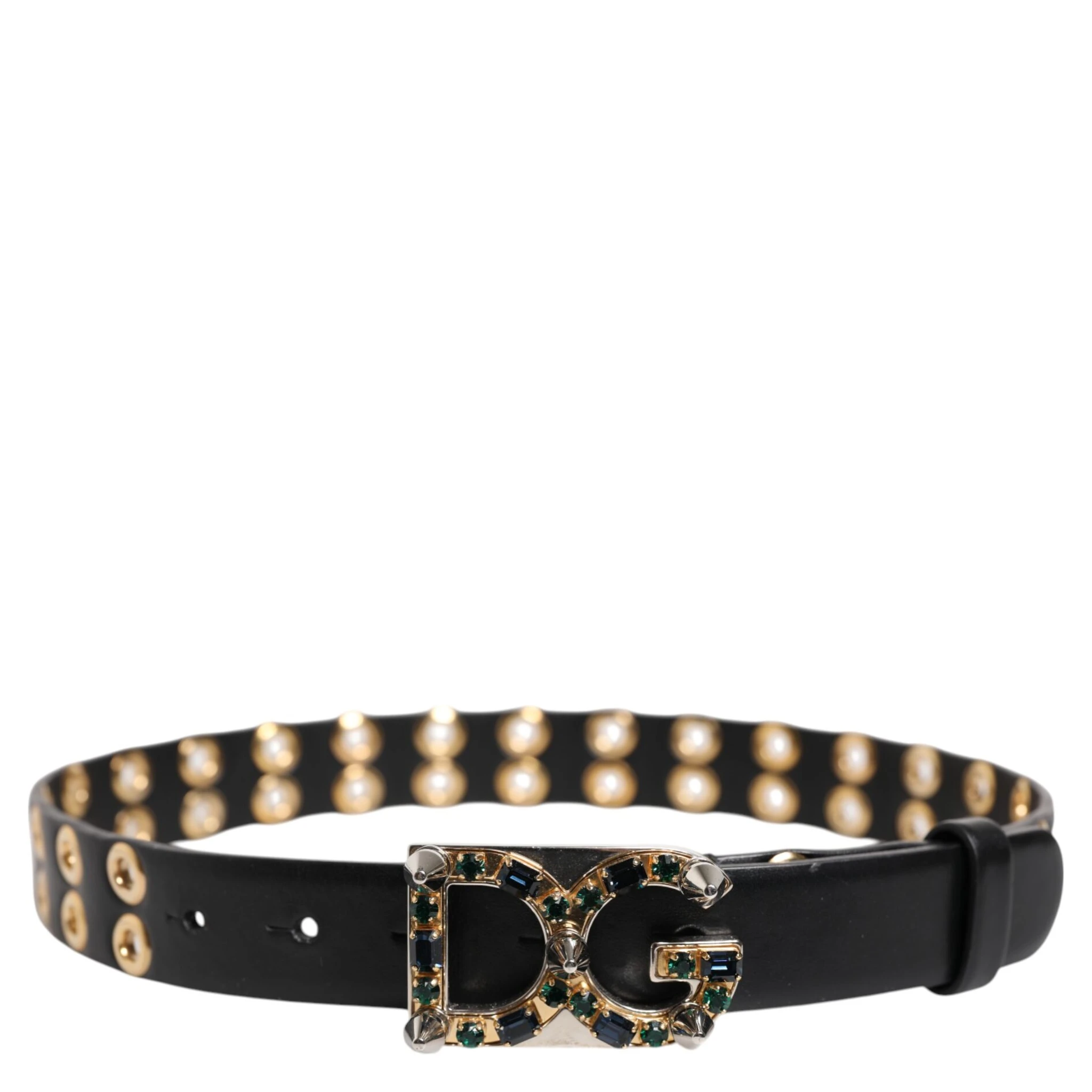 Black Leather Eyelet Crystal DG Buckle Belt