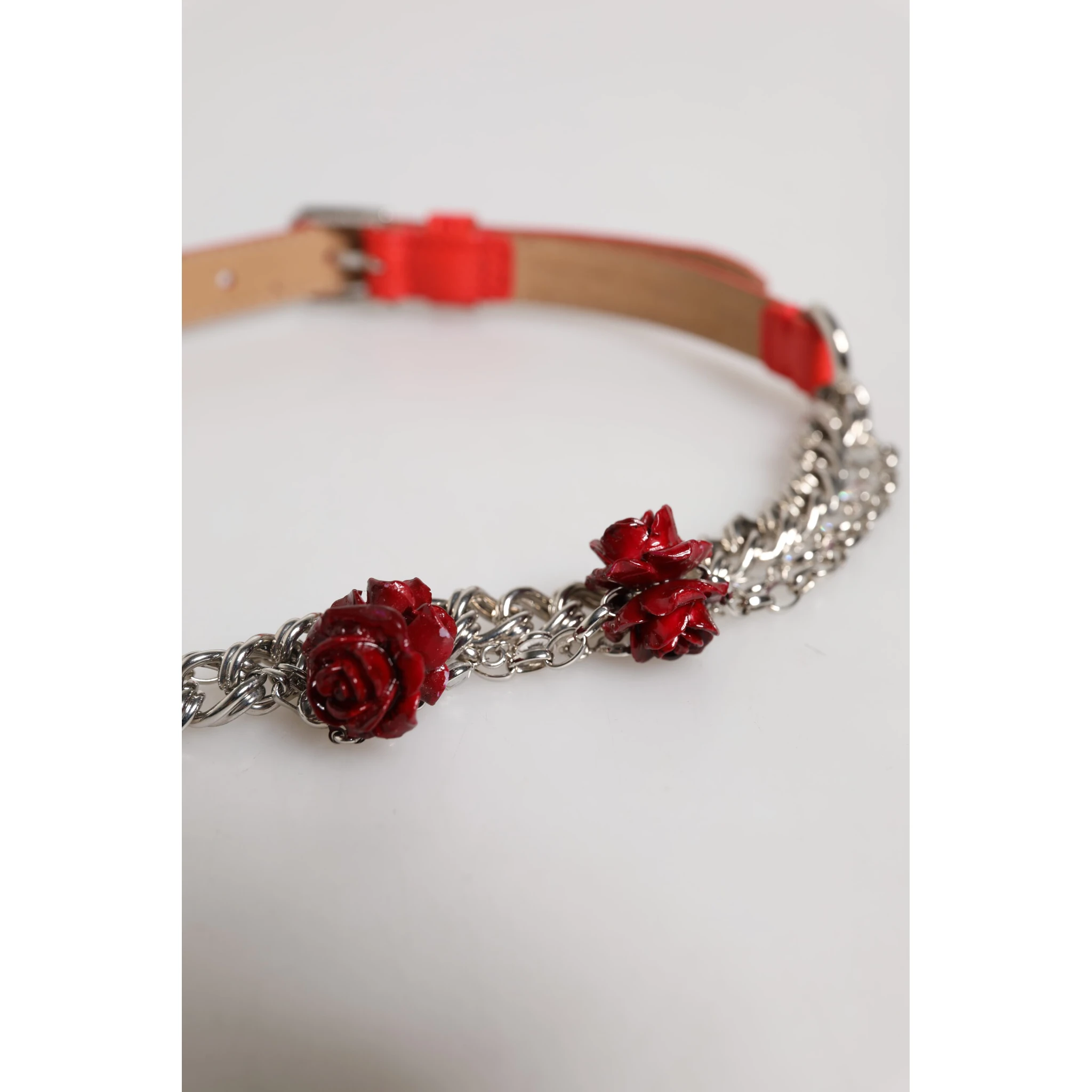 Red Leather Silver Chain Floral Cintura Belt