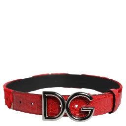 Red Viscose Silver DG Logo Metal Buckle Belt