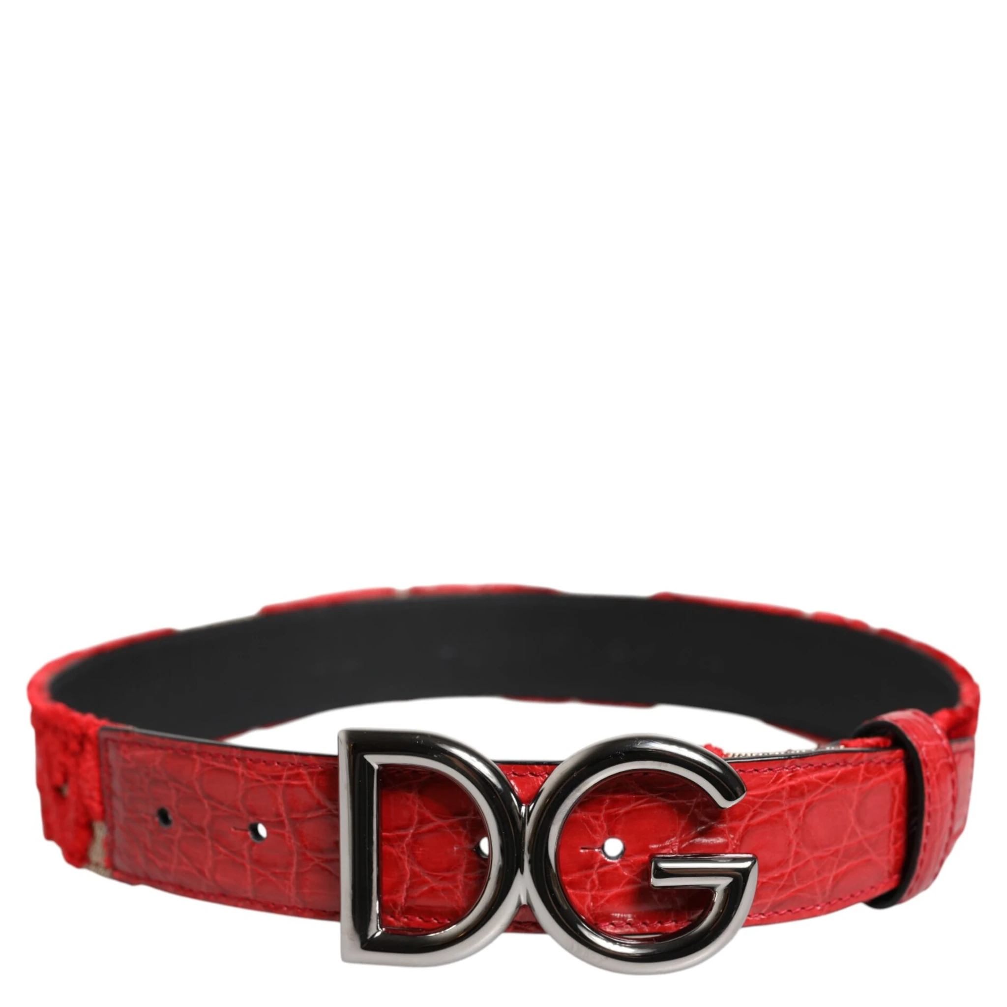 Red Viscose Silver DG Logo Metal Buckle Belt