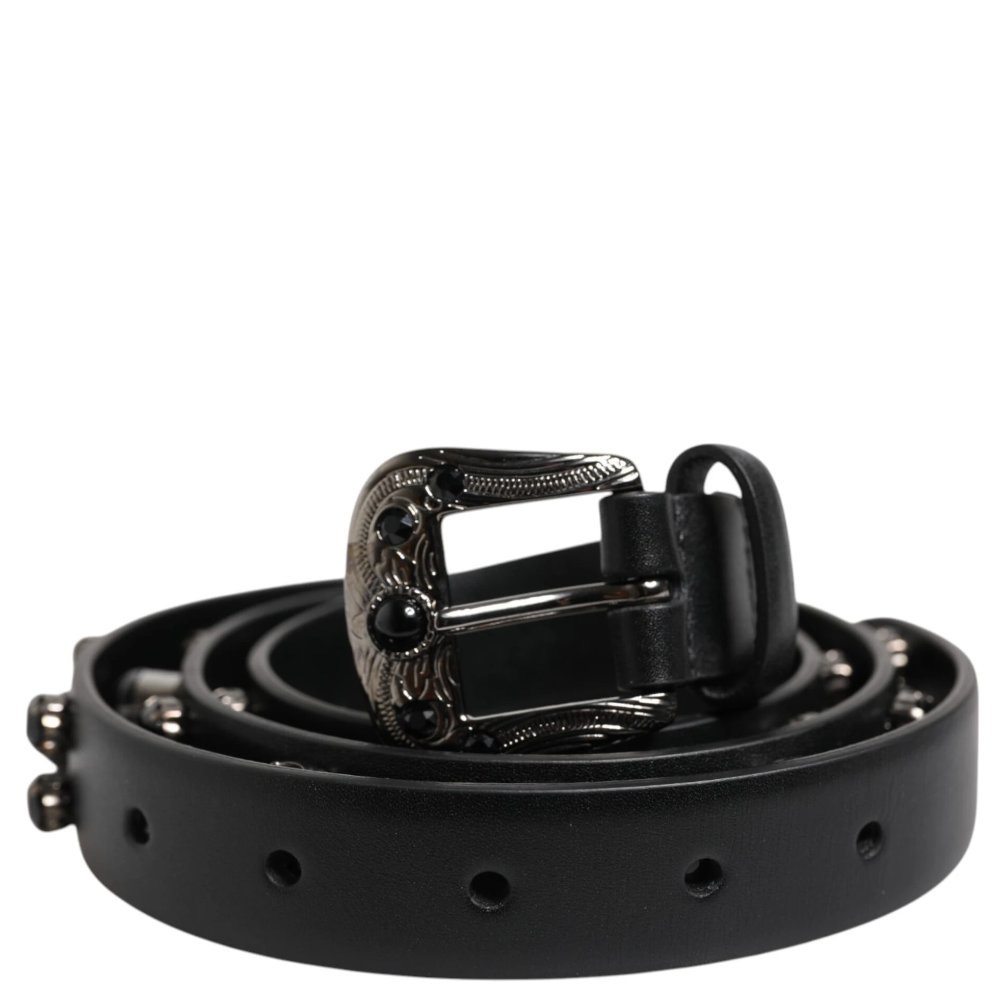 Black Studded Leather Metal Logo Buckle Belt