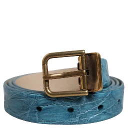 Blue Leather Classic Gold Metal Buckle Belt