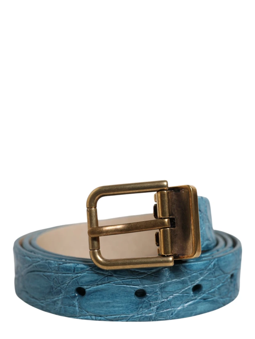 Blue Leather Classic Gold Metal Buckle Belt