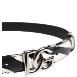 Black White Leather Silver Metal Buckle Belt