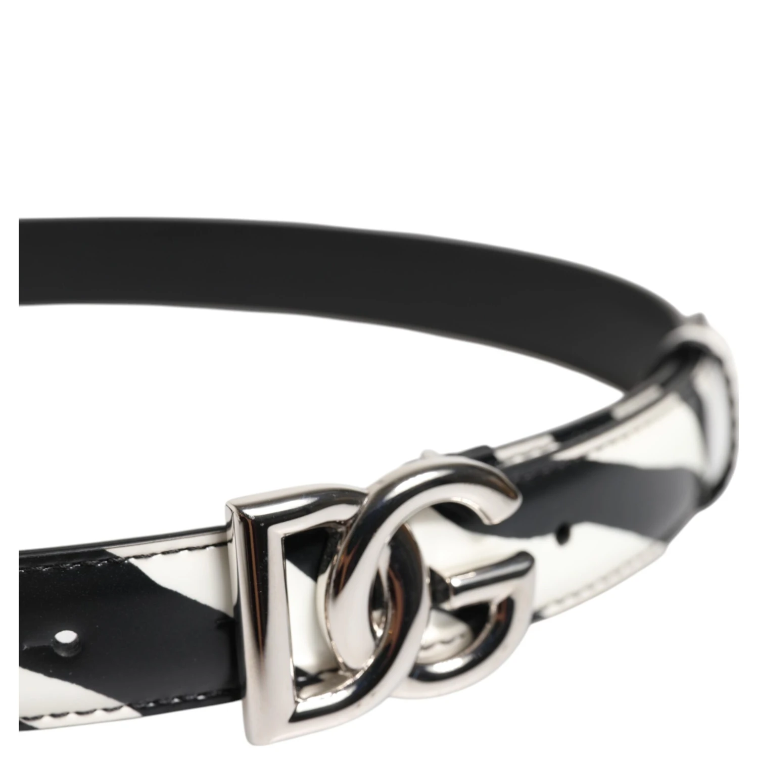 Black White Leather Silver Metal Buckle Belt