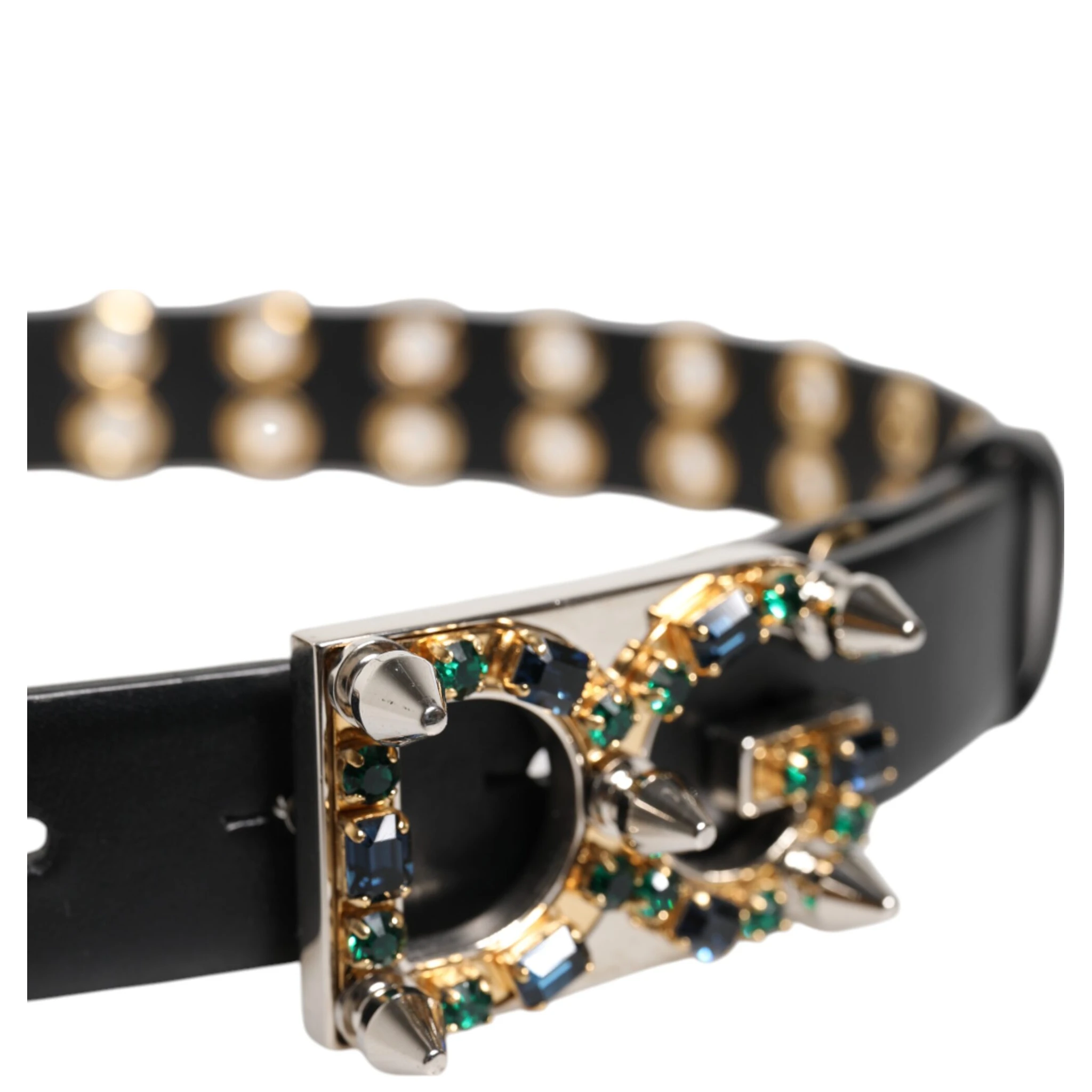 Black Leather Eyelet Crystal DG Buckle Belt