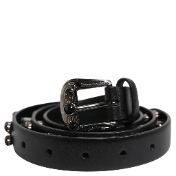 Black Studded Leather Metal Logo Buckle Belt