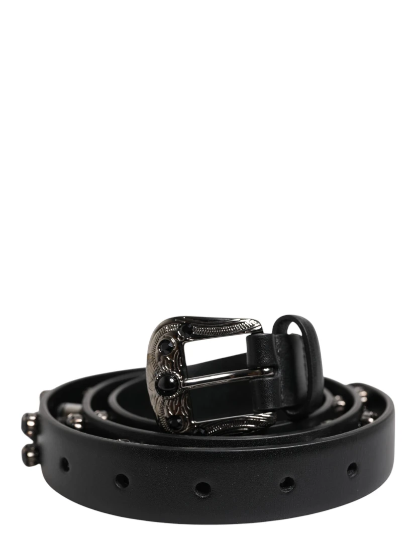 Black Studded Leather Metal Logo Buckle Belt