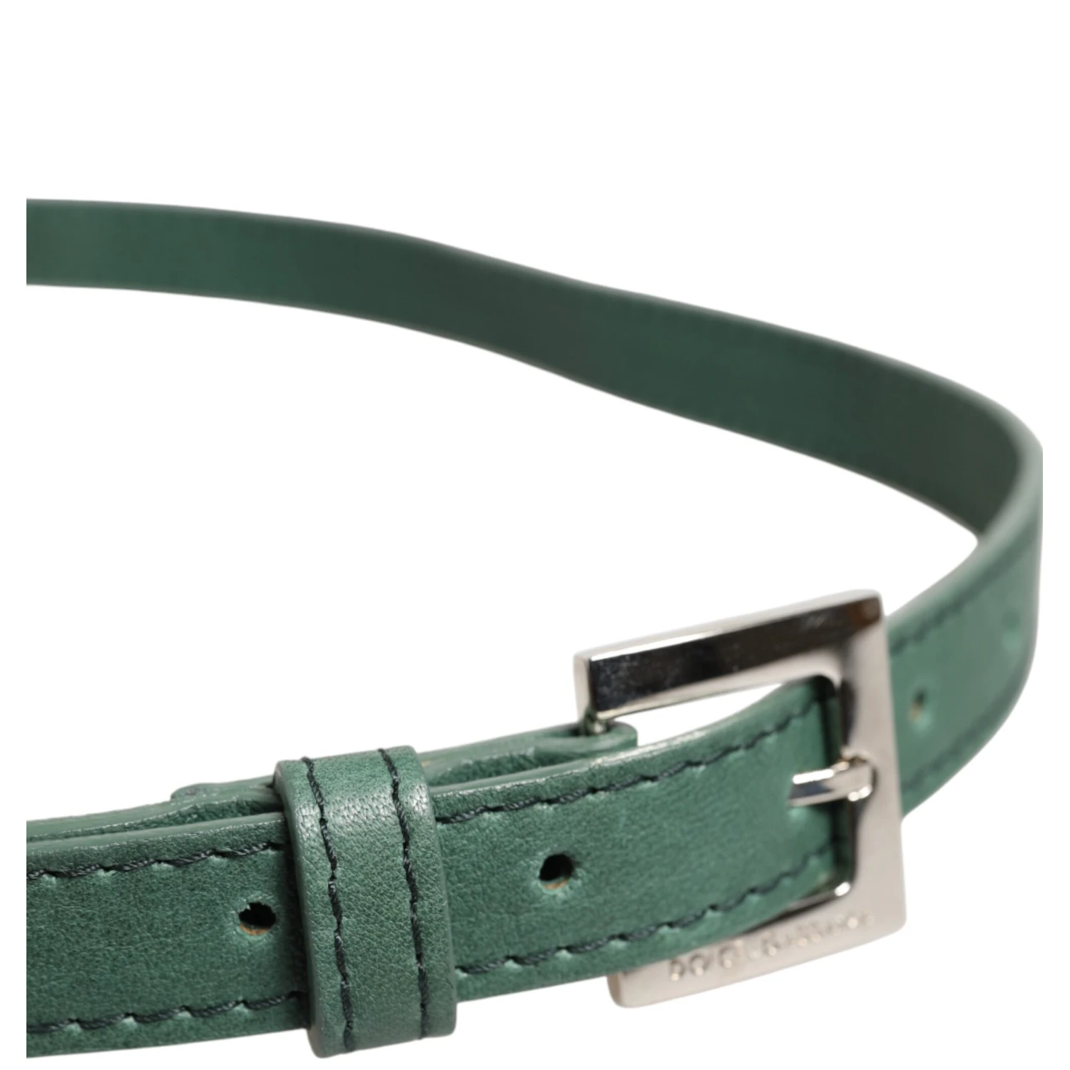 Dark Green Leather Silver Metal Buckle Belt