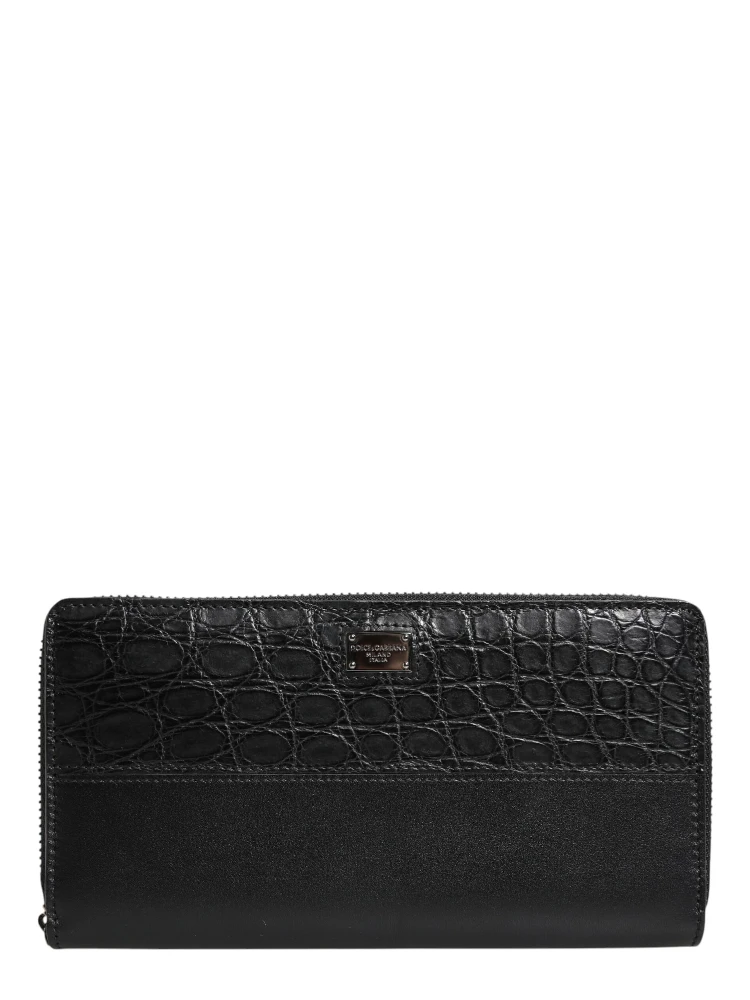 Black Leather Logo Plaque Zip Around Continental Wallet