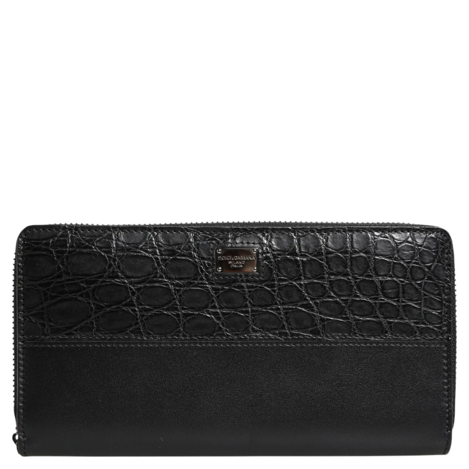 Black Leather Logo Plaque Zip Around Continental Wallet