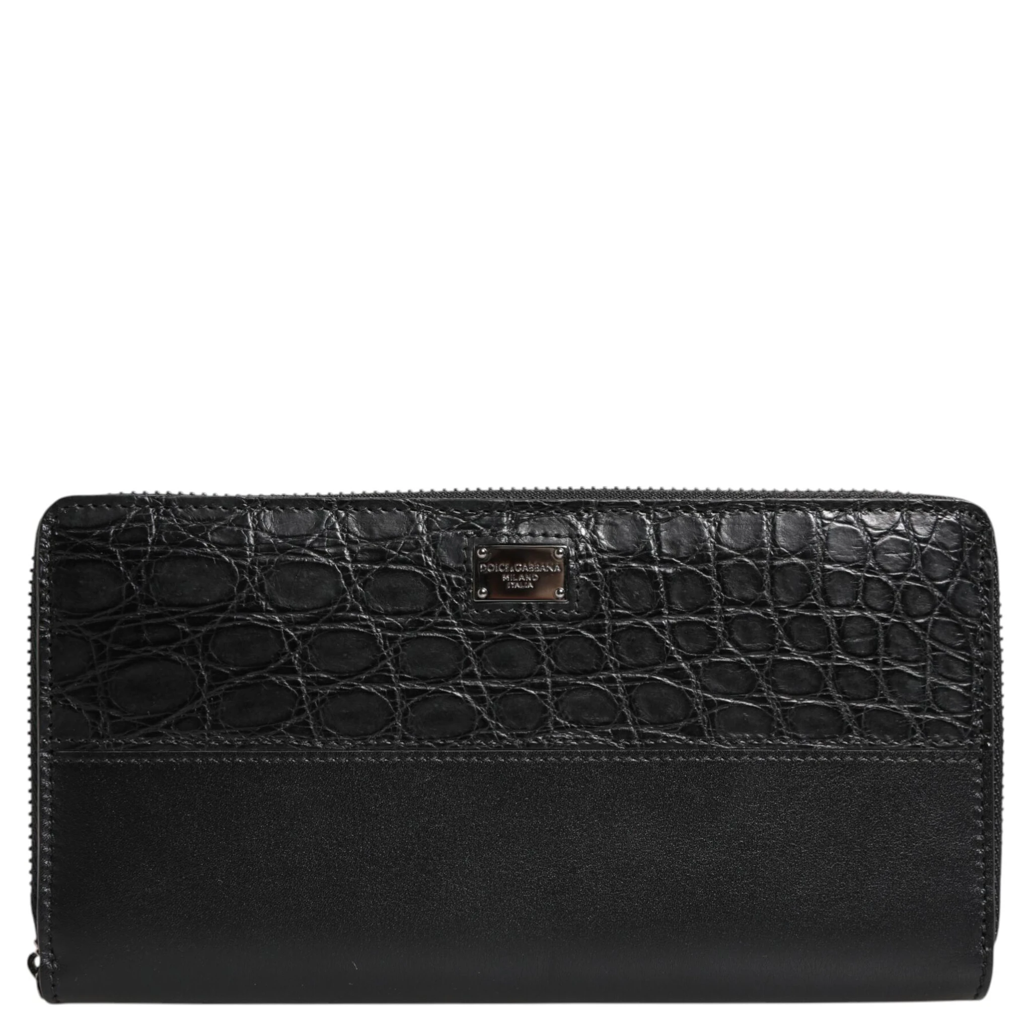 Black Leather Logo Plaque Zip Around Continental Wallet