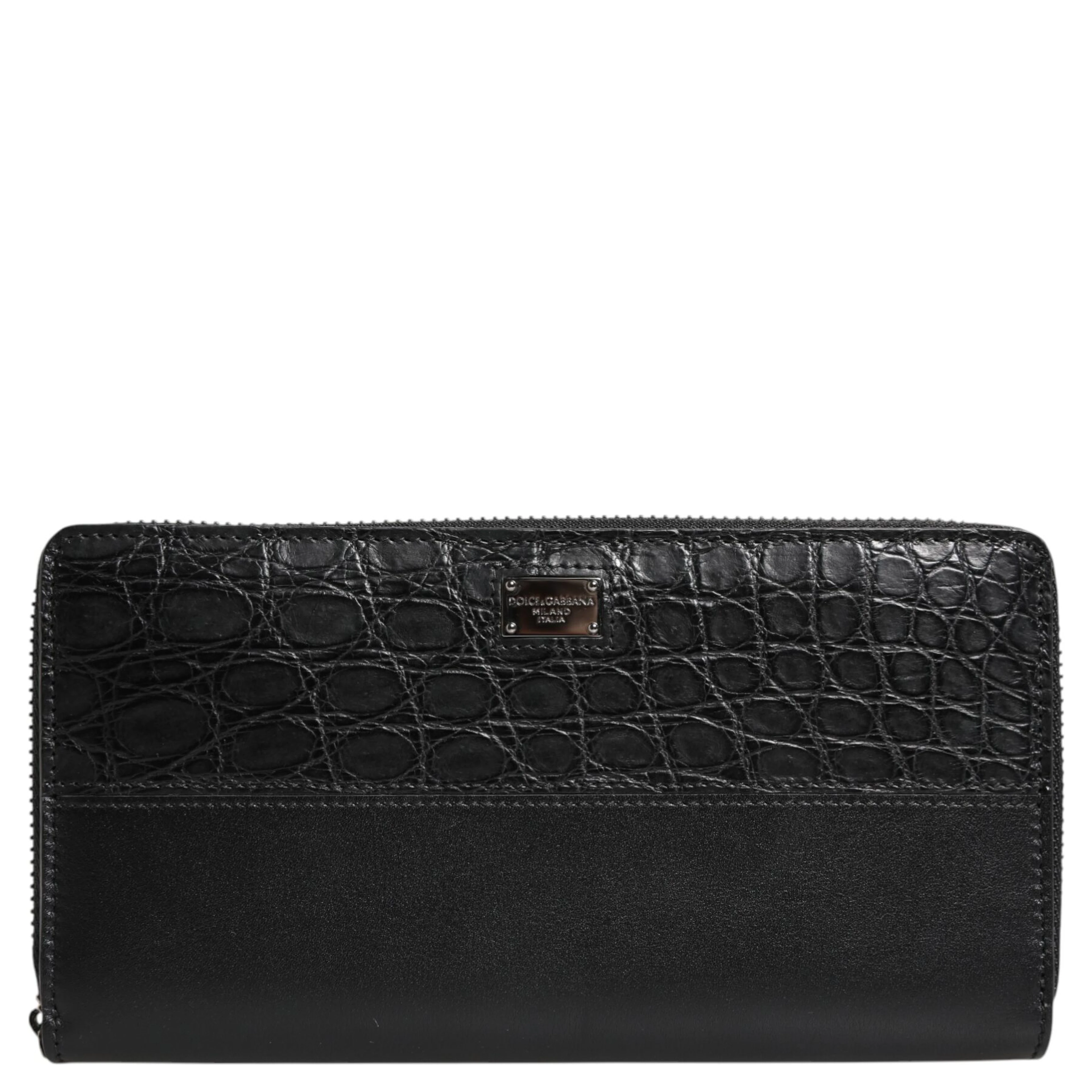 Black Leather Logo Plaque Zip Around Continental Wallet