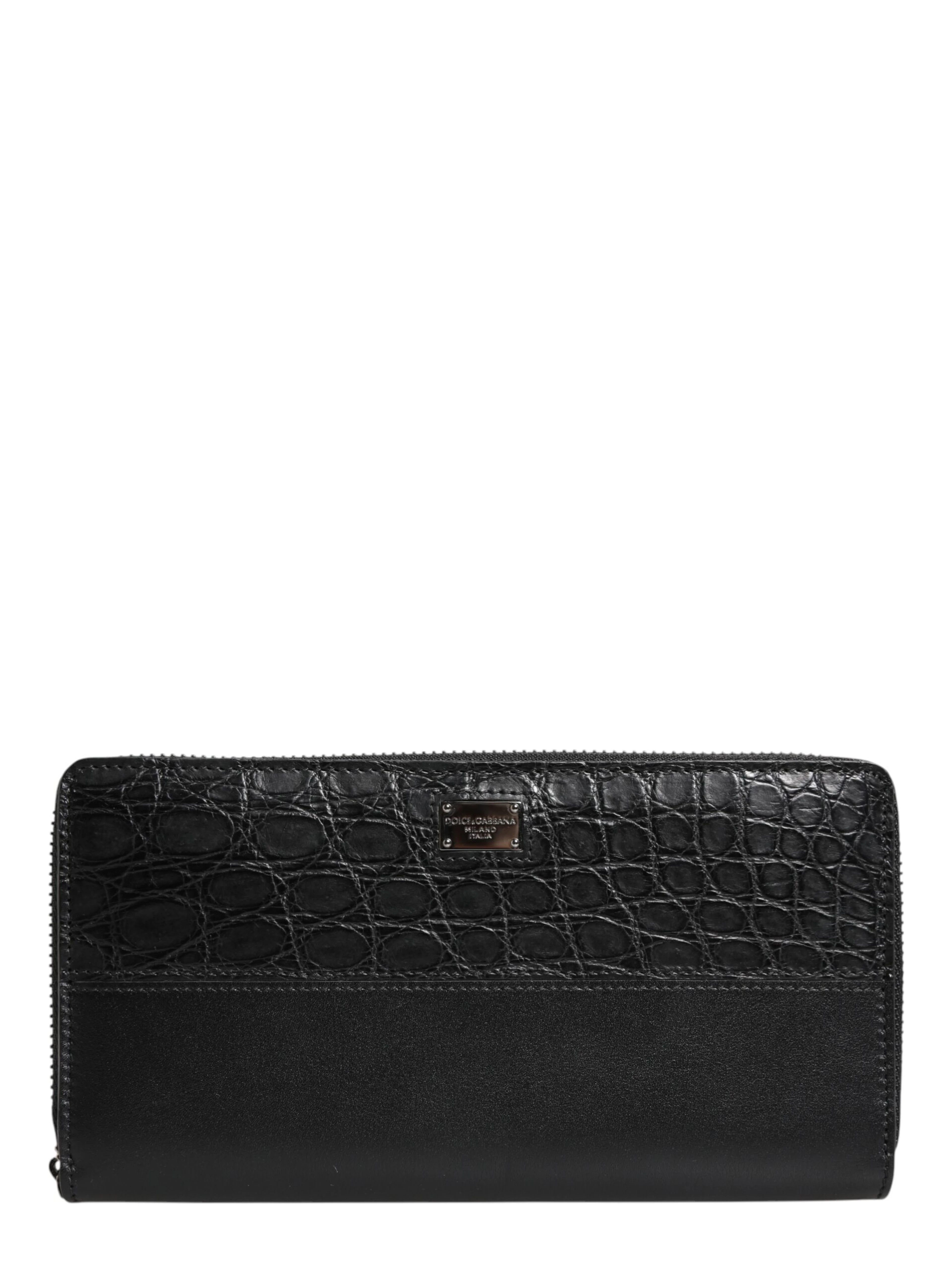 Black Leather Logo Plaque Zip Around Continental Wallet