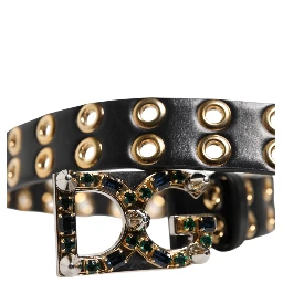 Black Leather Eyelet Crystal DG Buckle Belt