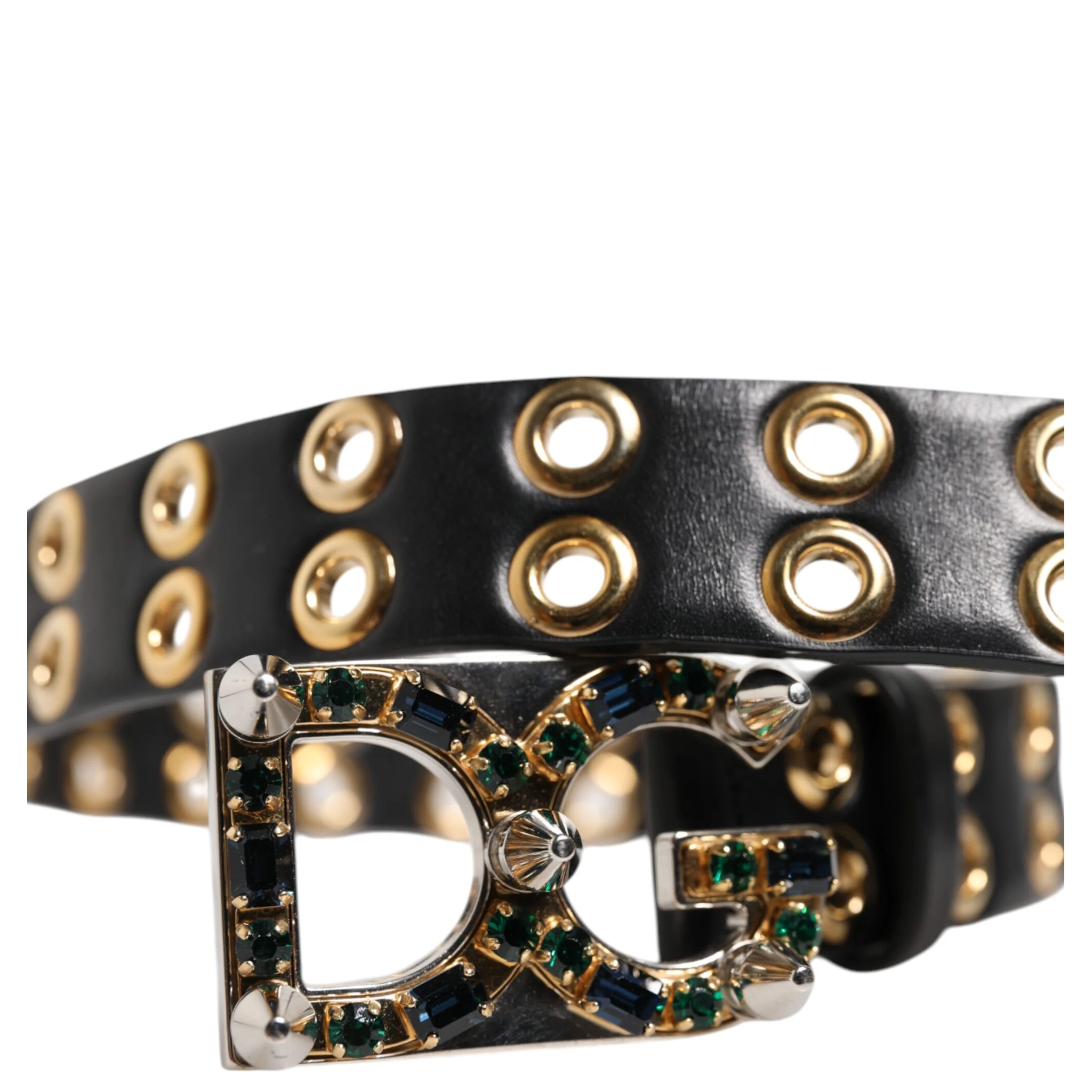 Black Leather Eyelet Crystal DG Buckle Belt
