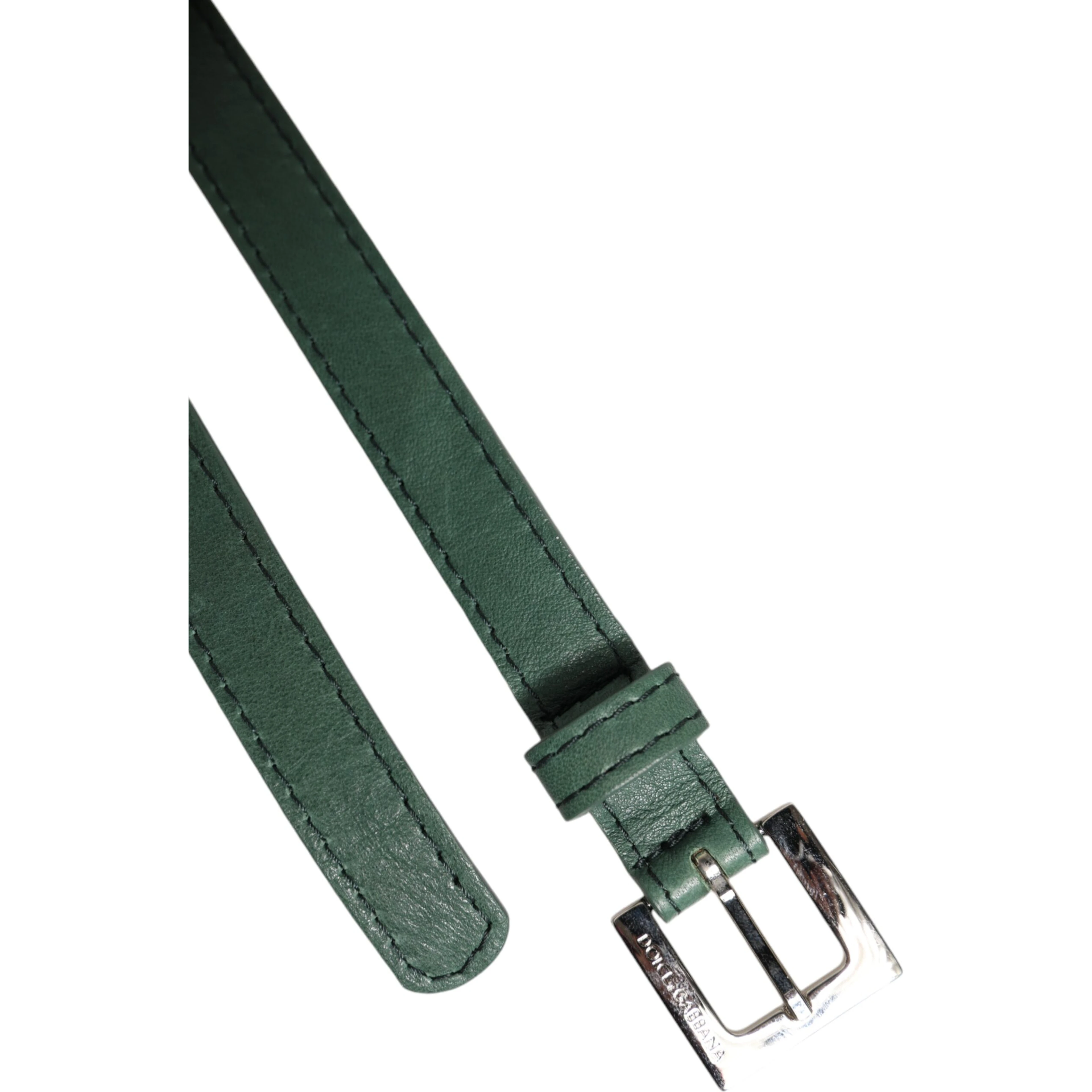Dark Green Leather Silver Metal Buckle Belt