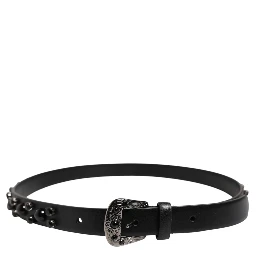 Black Studded Leather Metal Logo Buckle Belt