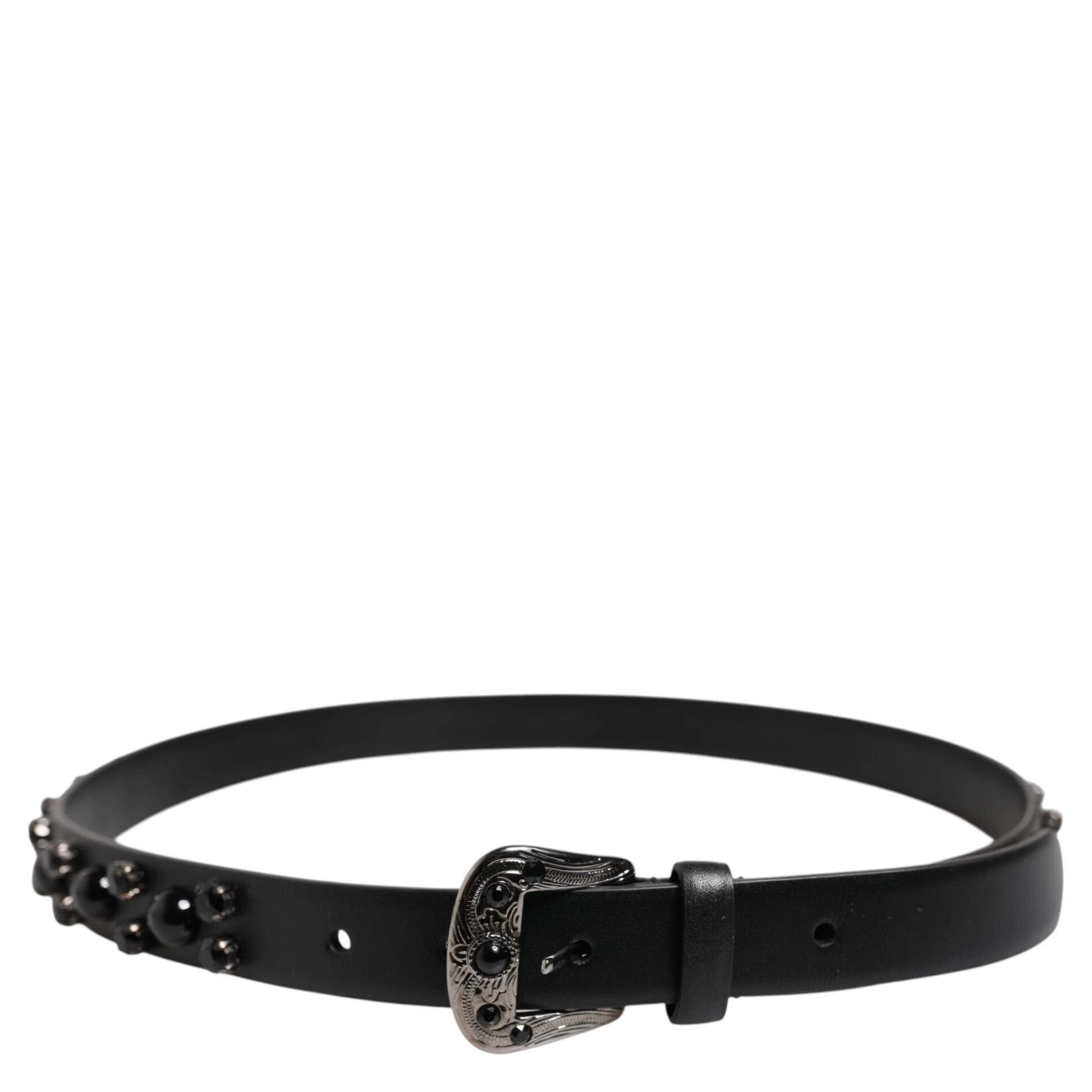 Black Studded Leather Metal Logo Buckle Belt