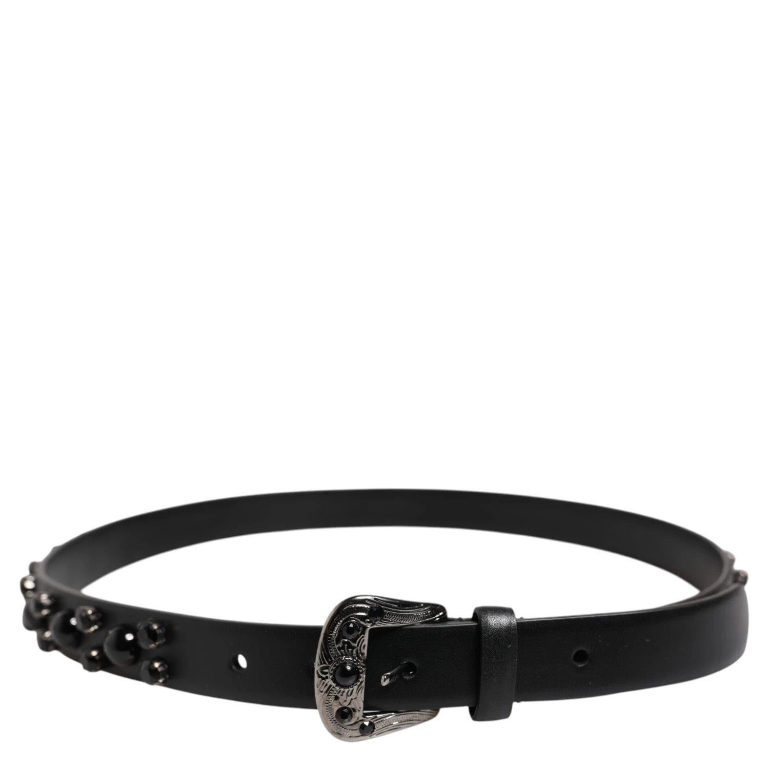 Black Studded Leather Metal Logo Buckle Belt