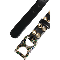 Black Leather Eyelet Crystal DG Buckle Belt