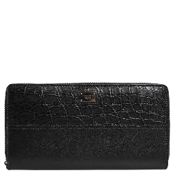 Black Leather Logo Plaque Zip Around Continental Wallet
