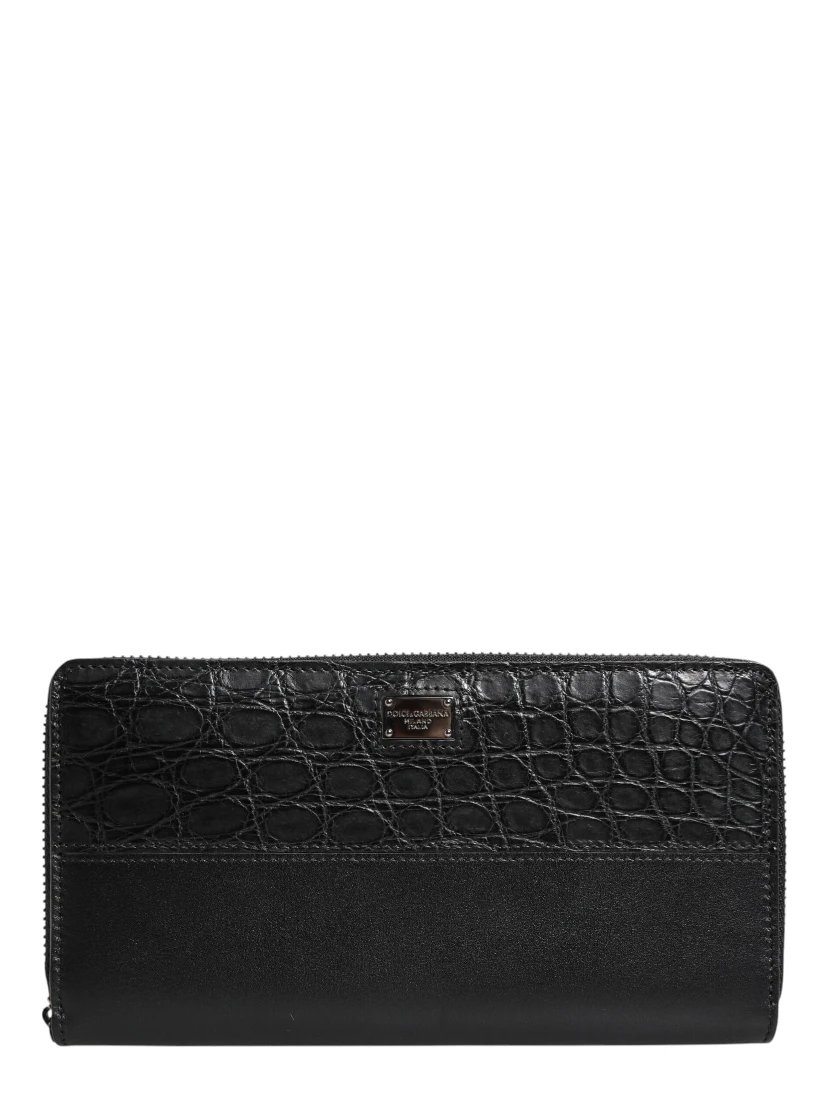 Black Leather Logo Plaque Zip Around Continental Wallet
