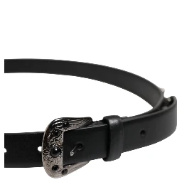 Black Studded Leather Metal Logo Buckle Belt