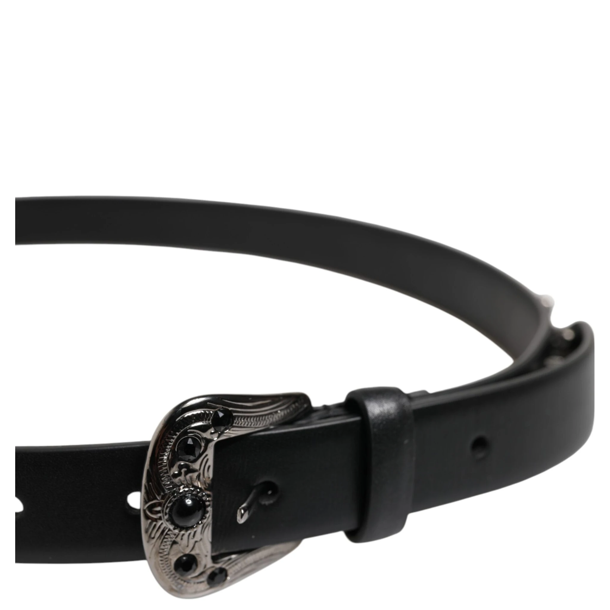 Black Studded Leather Metal Logo Buckle Belt
