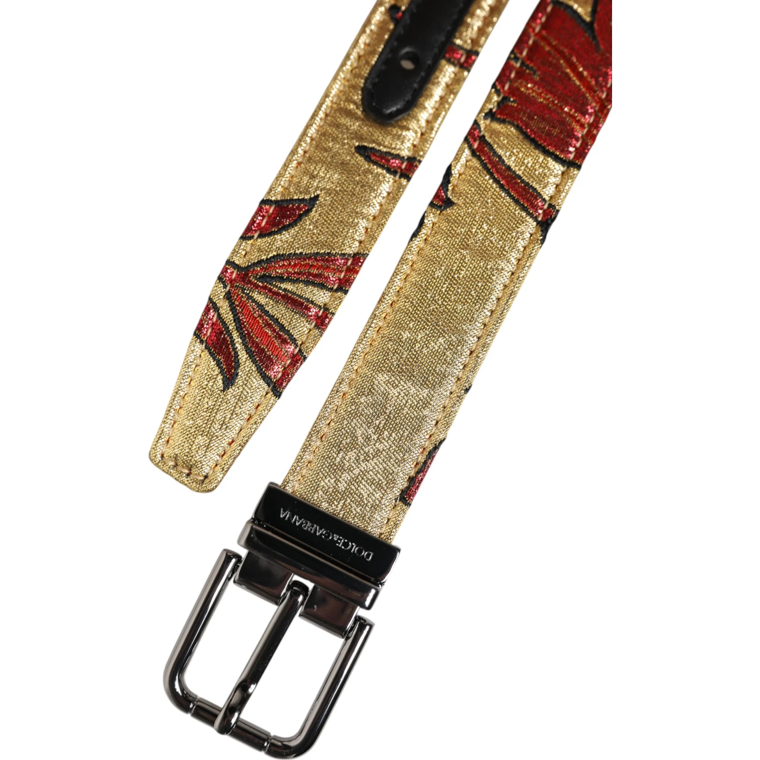 Gold Floral Jacquard Silver Metal Buckle Belt