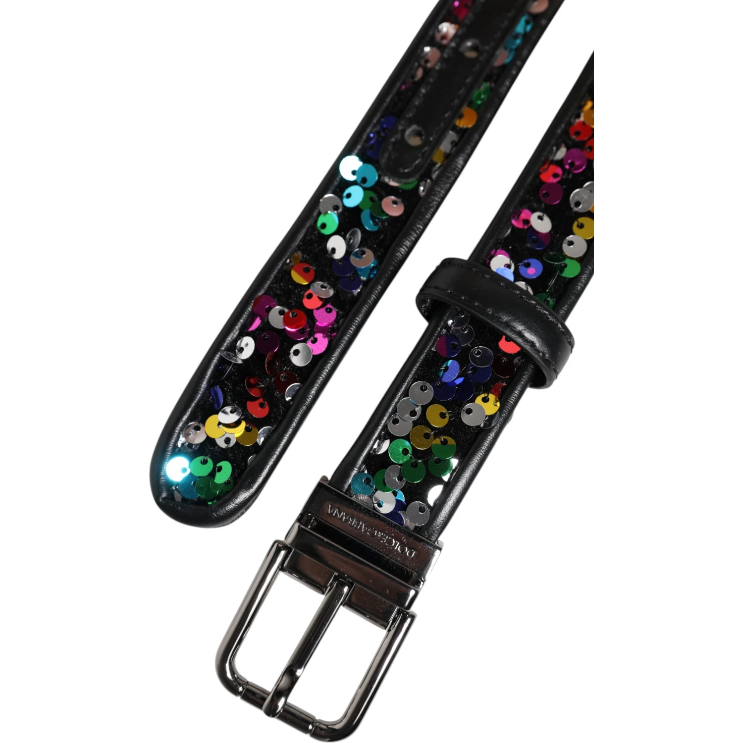 Black Sequin Embellished Metal Buckle Belt
