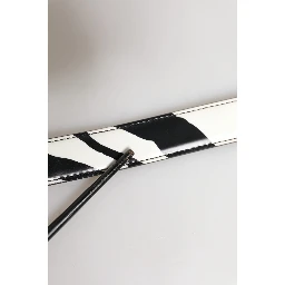 Black White Leather Silver Metal Buckle Belt