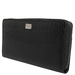 Black Leather Logo Plaque Zip Around Continental Wallet