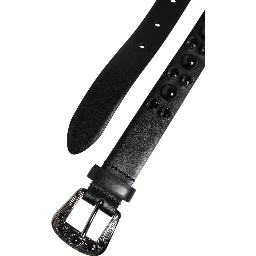 Black Studded Leather Metal Logo Buckle Belt