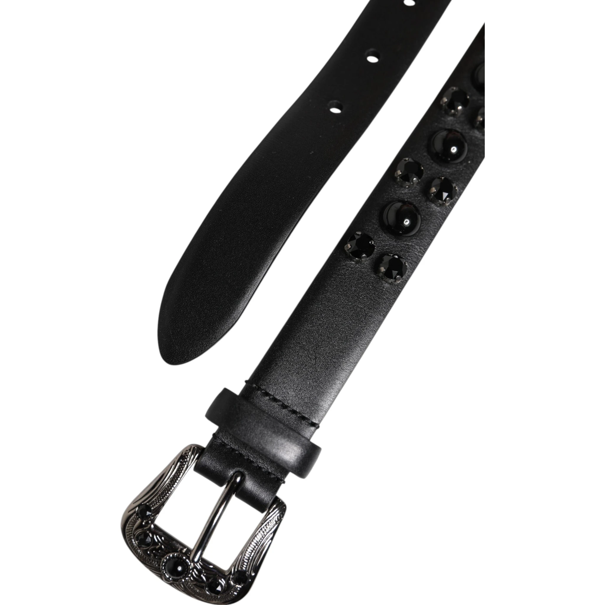 Black Studded Leather Metal Logo Buckle Belt