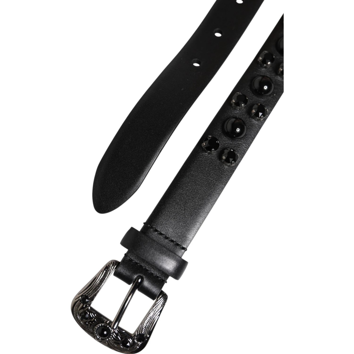 Black Studded Leather Metal Logo Buckle Belt