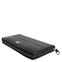 Black Leather Logo Plaque Zip Around Continental Wallet