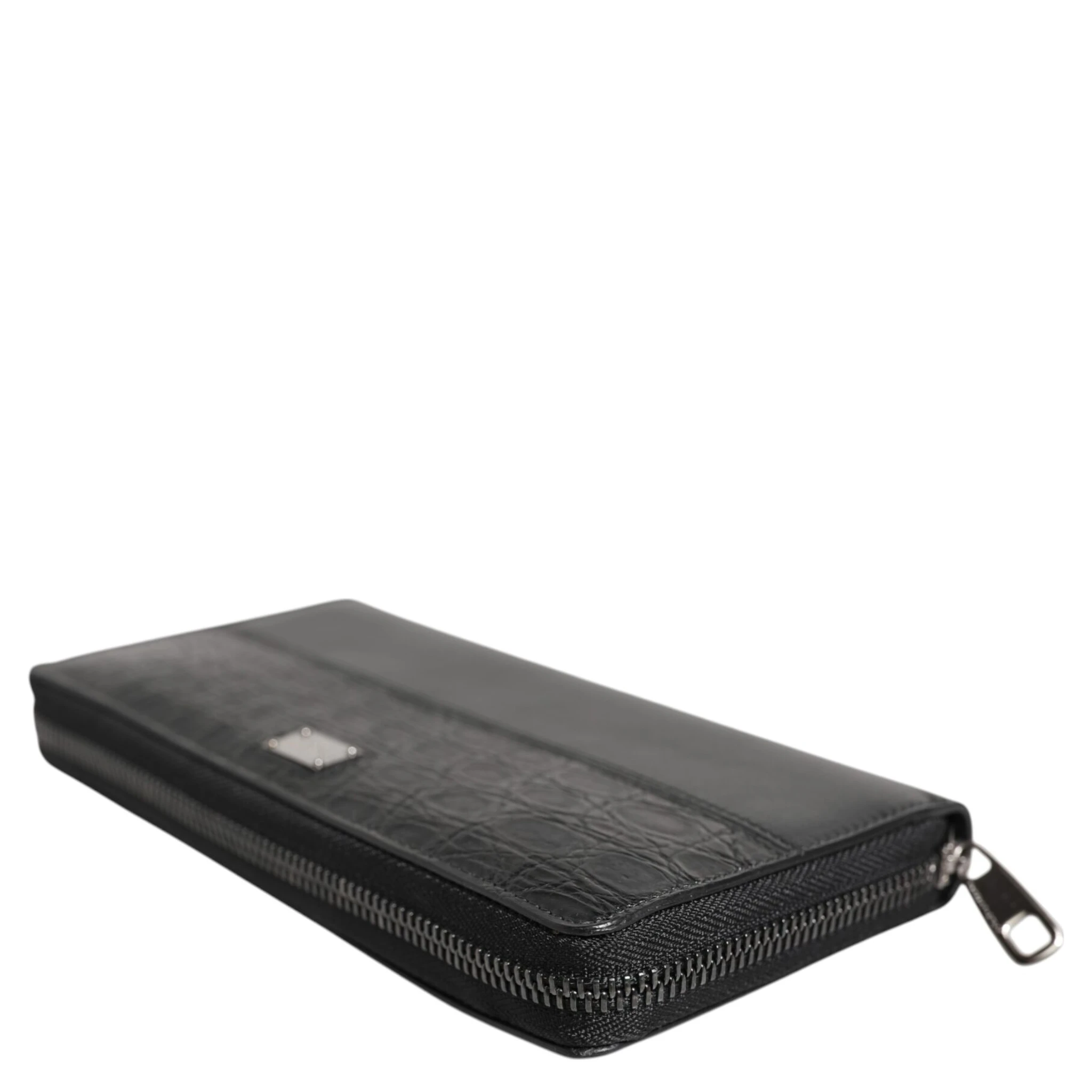 Black Leather Logo Plaque Zip Around Continental Wallet