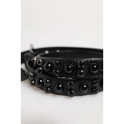 Black Studded Leather Metal Logo Buckle Belt