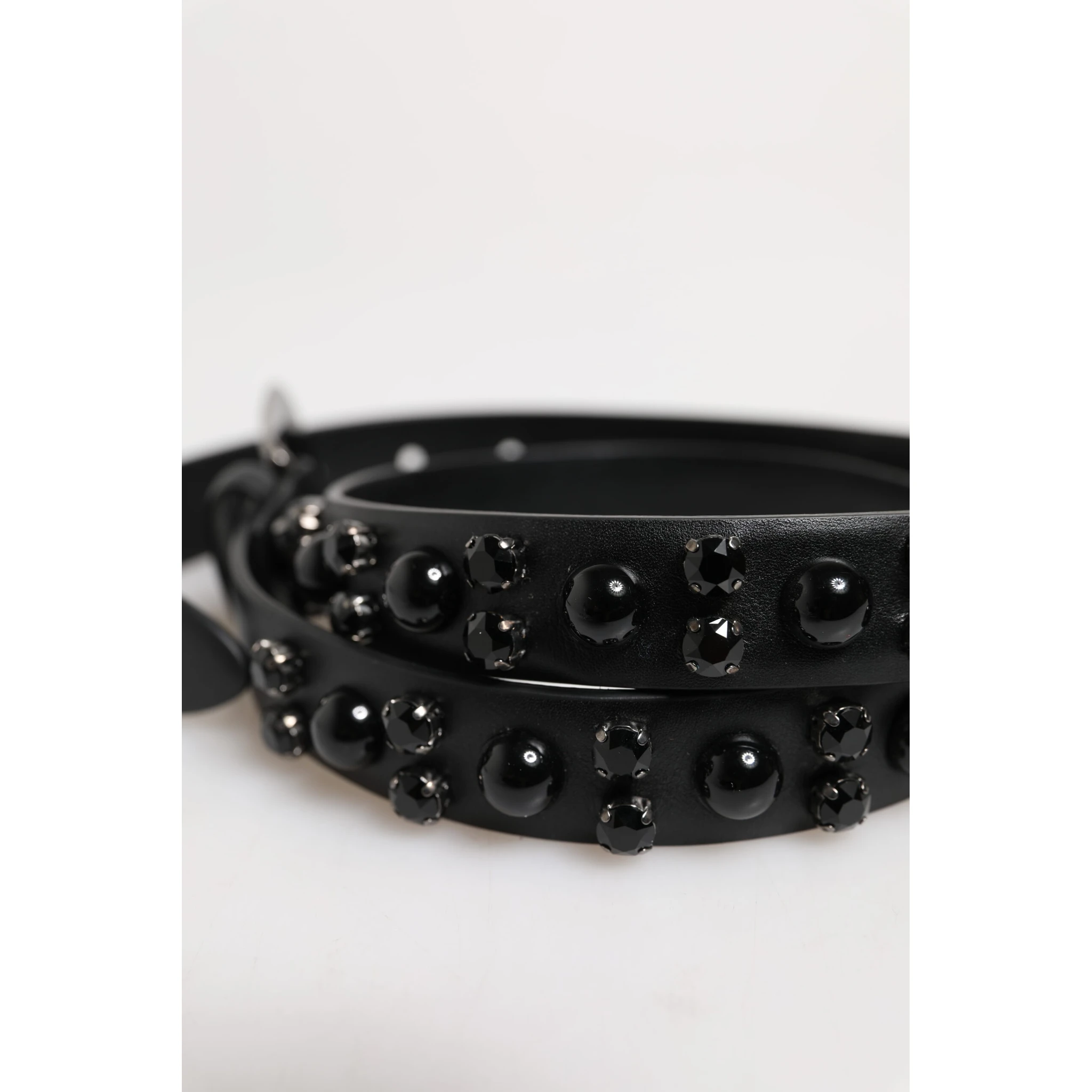 Black Studded Leather Metal Logo Buckle Belt