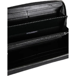 Black Leather Logo Plaque Zip Around Continental Wallet