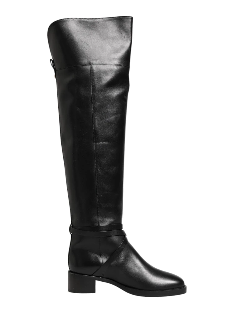 Black Leather Buckled High Boots Shoes
