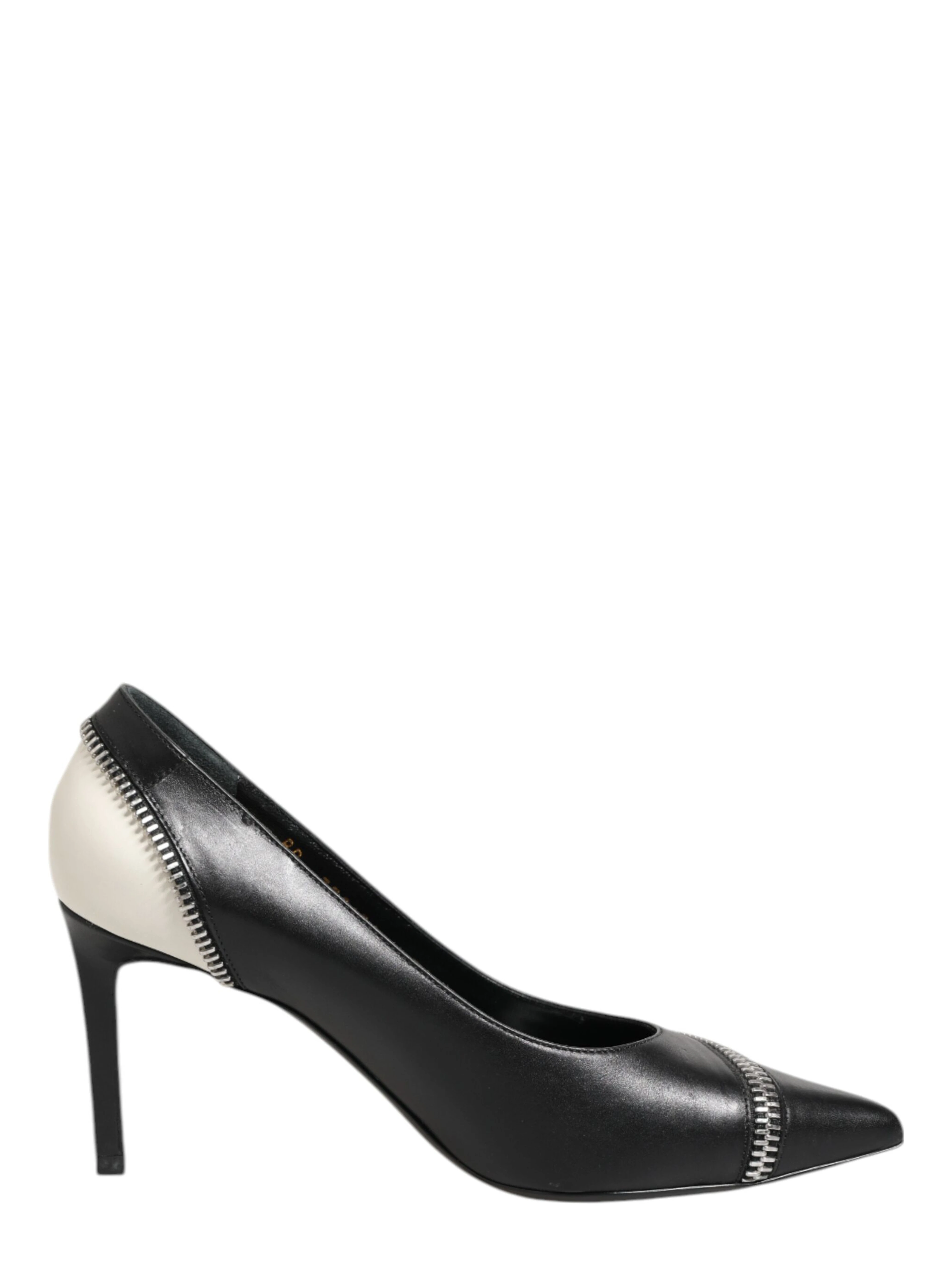 White Black Leather Pointed Toe Heels Shoes