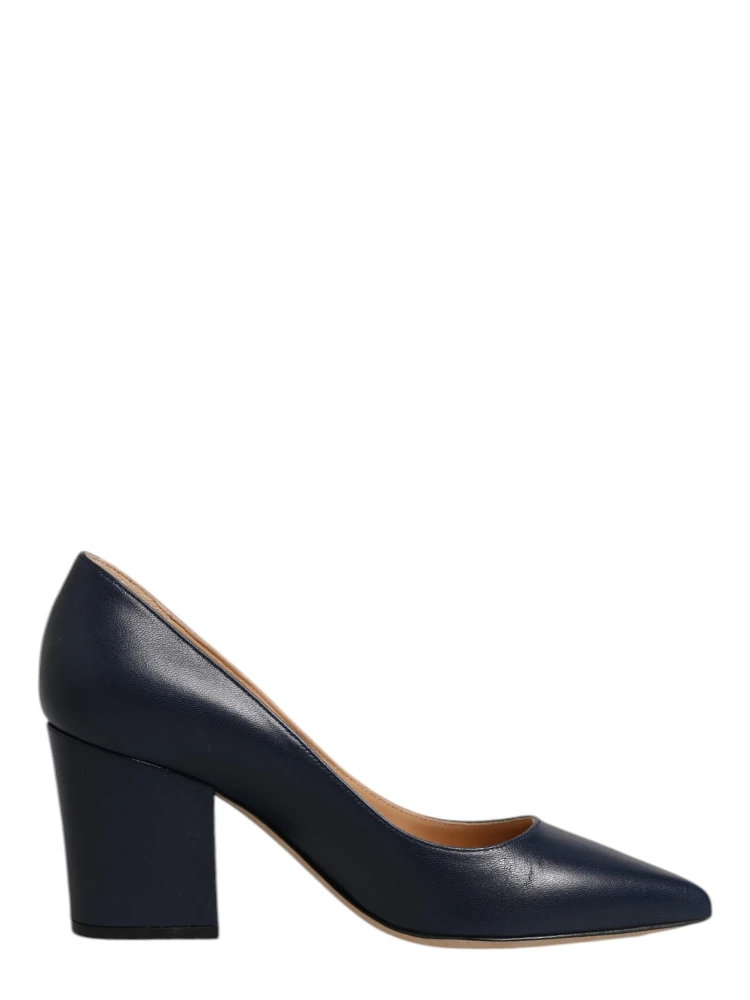 Blue Leather Pointed Toe Block Heels Shoes