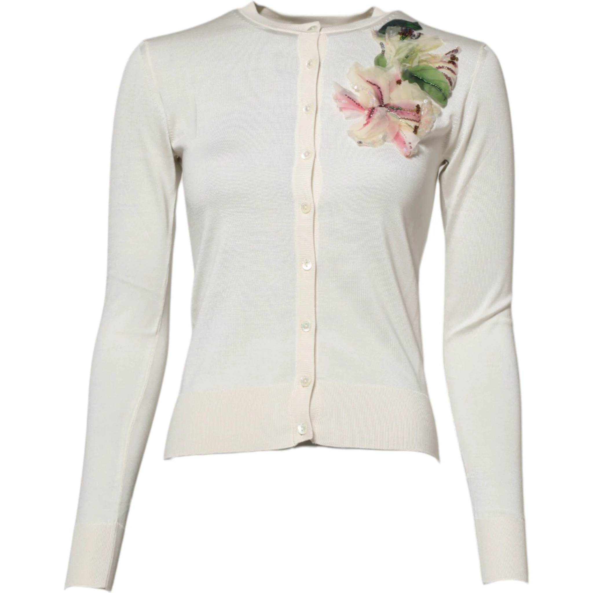 White Silk Lily Buttoned Cardigan Sweater