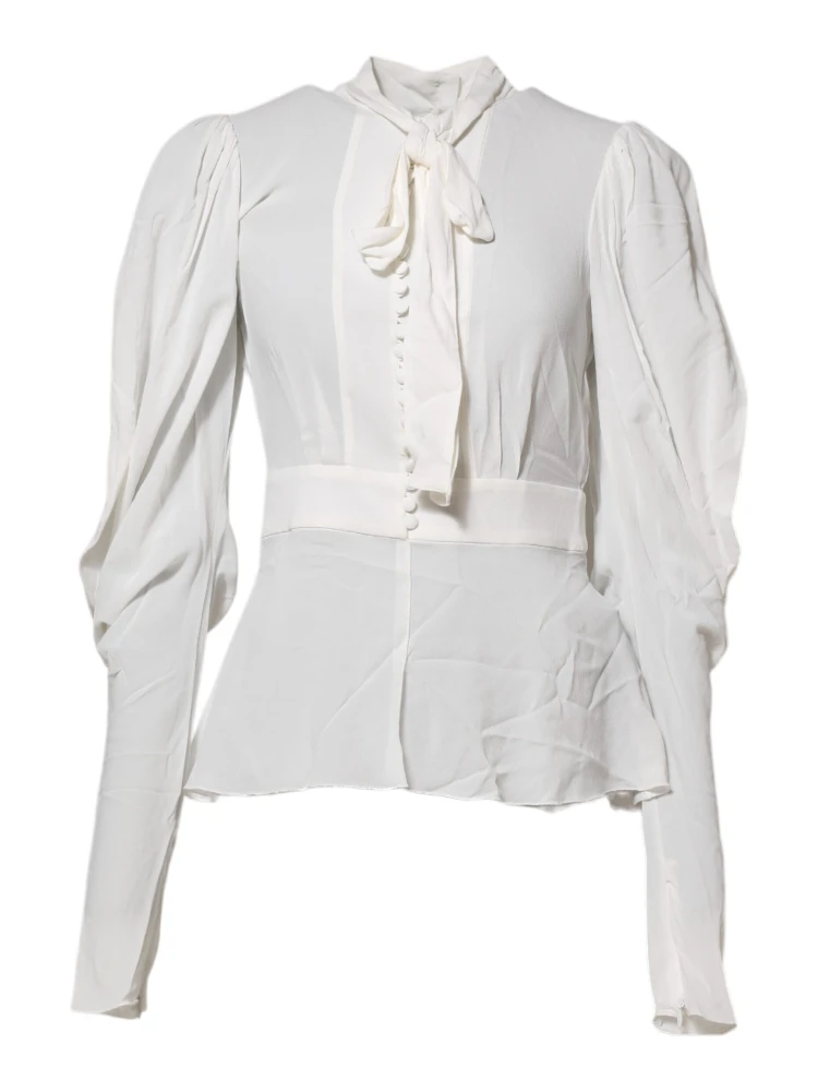 White Viscose Ascot Collar Long Sleeves Top